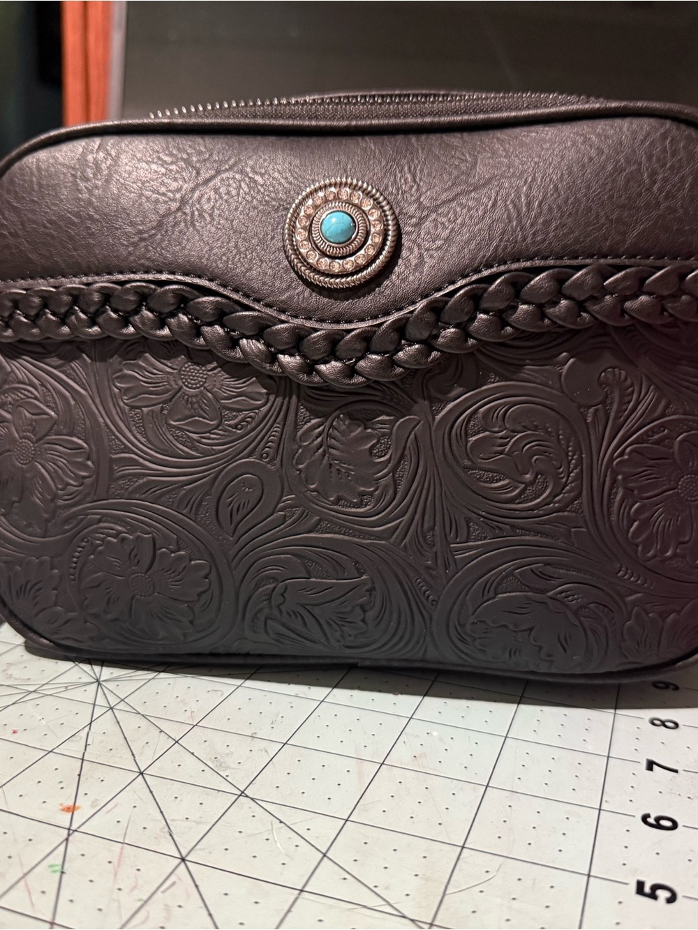 Women's Embossed Leather Crossbody Bag - Black with Turquoise Accent